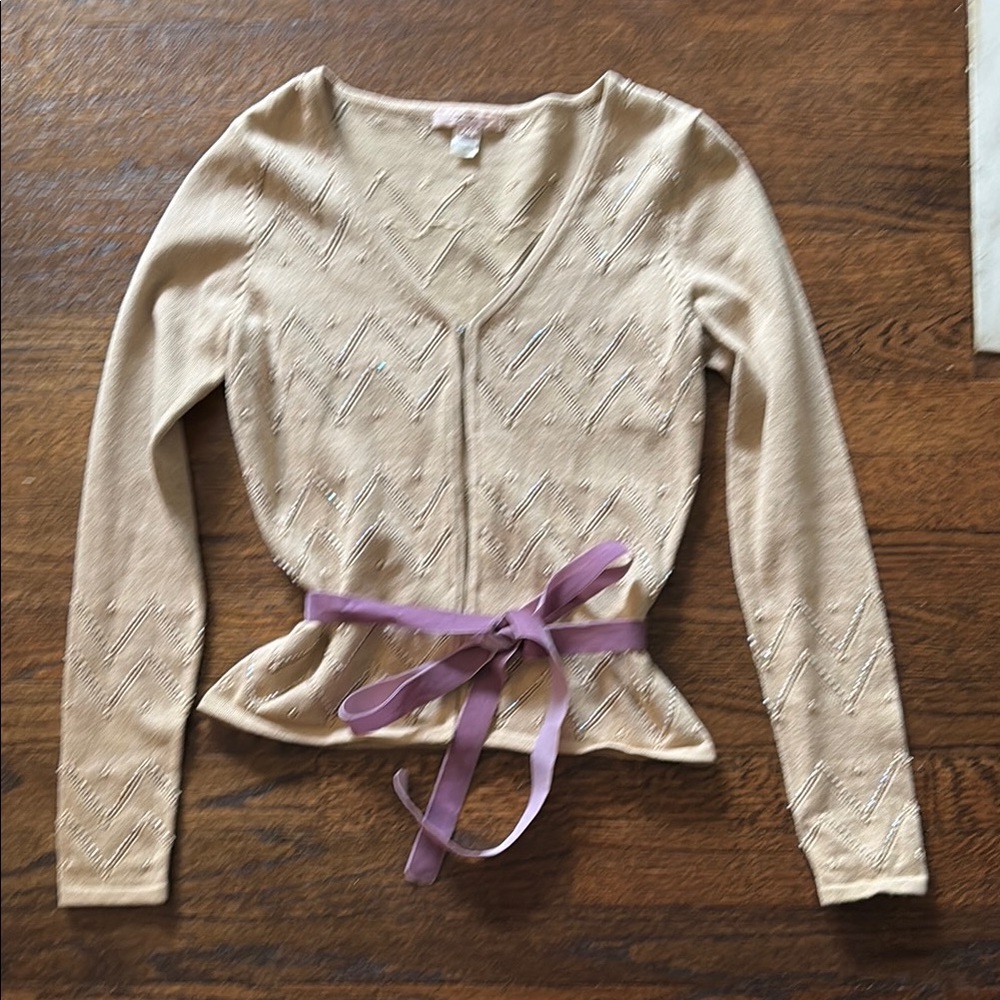 Elegant Tan Cardigan with Purple Accent